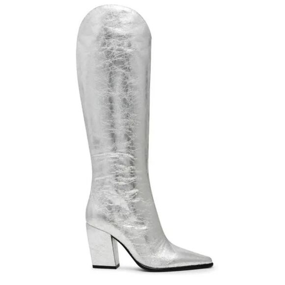 Steve Madden Silver Pointed Toe Size 6.5 Block Heel Knee High Boots NEW - Picture 9 of 9